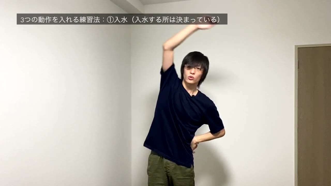 体を横向きに保ったまま入水ポイントへ腕を戻すデモンストレーション
